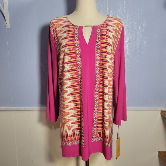 Ruby Rd. Large Colorful Bright Pink Yellow Keyhole Longsleeve Tee Tunic Blouse - Picture 1 of 11